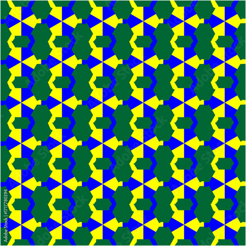 Bold green hexagonal shapes align with vivid yellow and blue triangles, creating a rhythmic mosaic of symmetry, contrast, and balance.