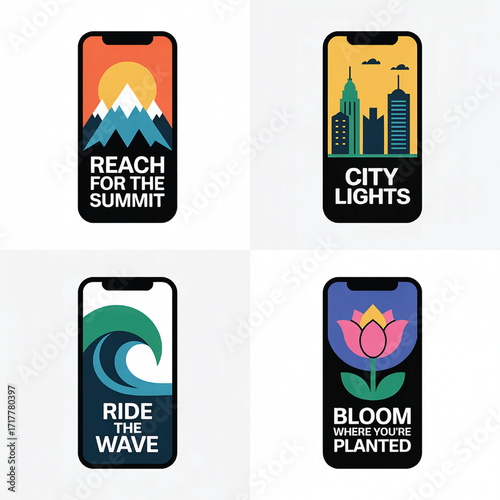 Four stylized phone screen graphics with inspirational nature and city themes Keywords: phone screen, mobile app, graphic design, illustration