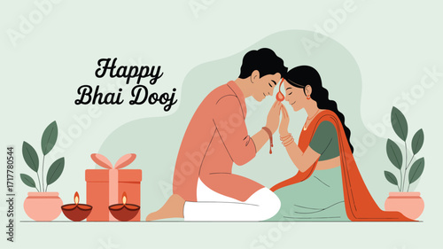 Happy Bhai Dooj illustration showing sister applying tilak to brother, with gifts, diyas, and festive decor celebrating sibling bond in India
