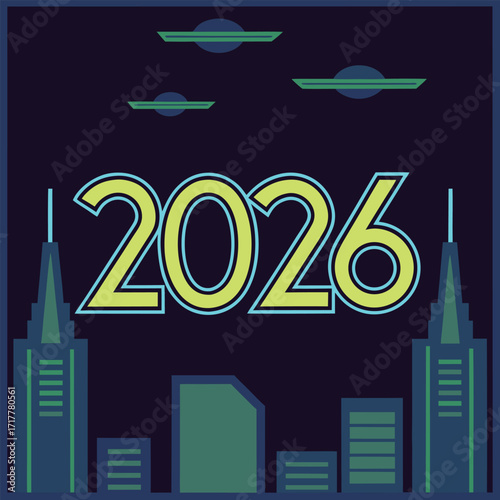 Whimsical Retro Futurism 2026 New Year with Flying Saucers Over an Art Deco Cityscape