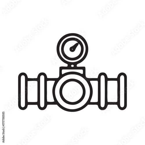 Industrial pipeline line icon, pipe with valves and gauge vector symbol. Simple outline for fluid control systems.
