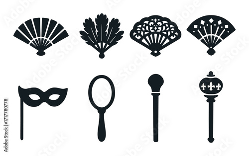 Vintage fans and party accessories silhouette collection on dark background