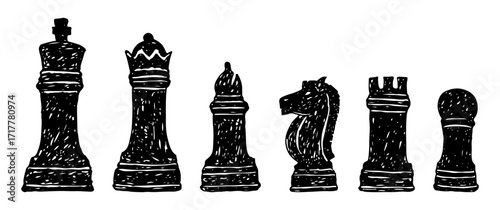 Full set of chess pieces hand drawn black color vector hand-drawn illustration.