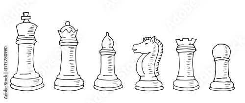 Full set of chess pieces hand drawn black outline sketchy doodle with shade.