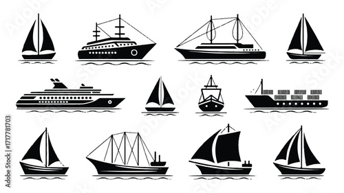 A set of 15 black and white nautical vessel silhouettes arranged in two rows.  