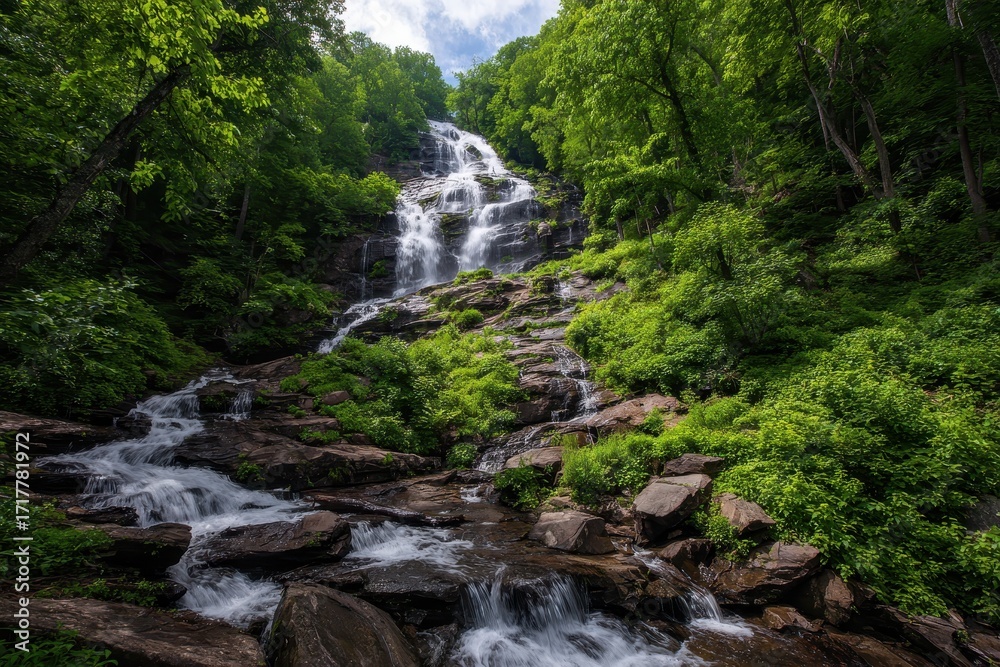 Fototapeta premium Amicalola Falls: Majestic Waterfall Cascading Through Lush Green Forest Landscape