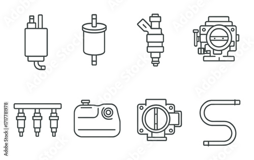 Set of linear automotive engine parts icons on grayscale background