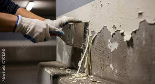 Fototapeta Naklejka Na Ścianę i Meble -  Man scraping old paint off a concrete wall with a metal scraper. Renovation and surface preparation for home maintenance. DIY project concept.