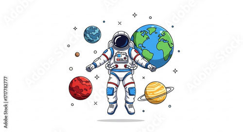An astronaut in a spacesuit floats among planets, holding earth, a cosmic adventure in a colorful cartoon style