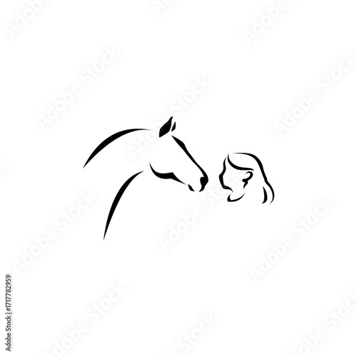 A girl and a horse facing each other, minimalist line art.