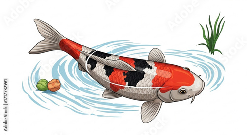 A serene koi fish glides through tranquil water, surrounded by lush greenery and playful bubbles, creating a peaceful scene