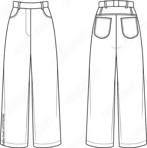 High waist wide leg pants, fashion flat sketch, technical clothing illustration, front and back view, apparel design template, garment construction drawing