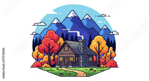 Charming cabin nestled amidst vibrant autumn foliage, with majestic mountains rising in the backdrop