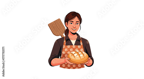 Cartoon Baker Girl Holding Fresh Bread with a Wooden Peel, Illustration for Bakery, Recipes, Food Blogs, and Culinary Themes, Vector Art