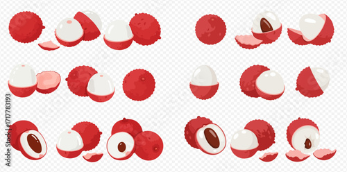 An arrangement of lychee fruits, some whole, some peeled, and some cut to reveal the seed.