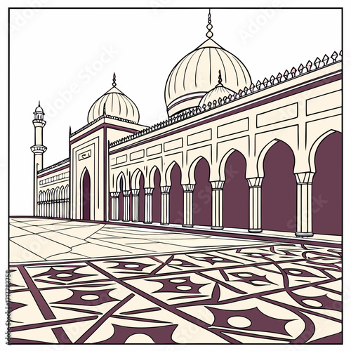 Elegant islamic mosque architecture with arches domes and minaret on a decorative courtyard
