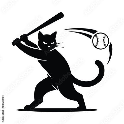Black cat playing baseball swinging a bat at a baseball silhouette
