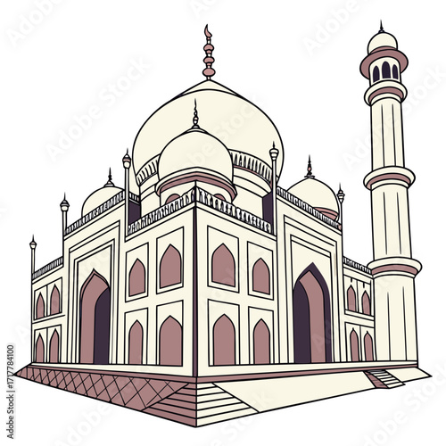 Stylized illustration of the iconic taj mahal monument in agra india with its distinctive domes and minarets