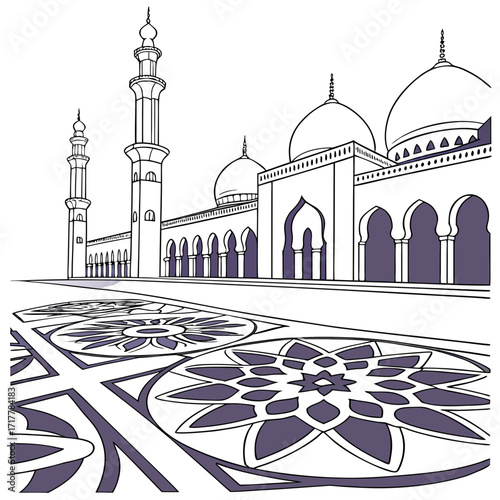 Architectural drawing of a grand mosque with intricate floral patterns on the courtyard floor