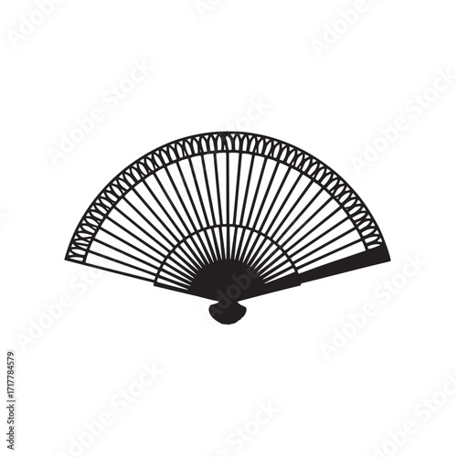 Black silhouette of a large open folding fan with intricate radiating lines Keywords: fan folding fan Japanese fan Asian fan accessory style design