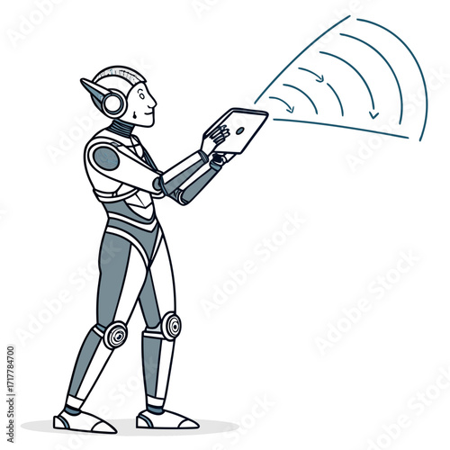 Futuristic robot holding a tablet and projecting a wave of signals or data outwards