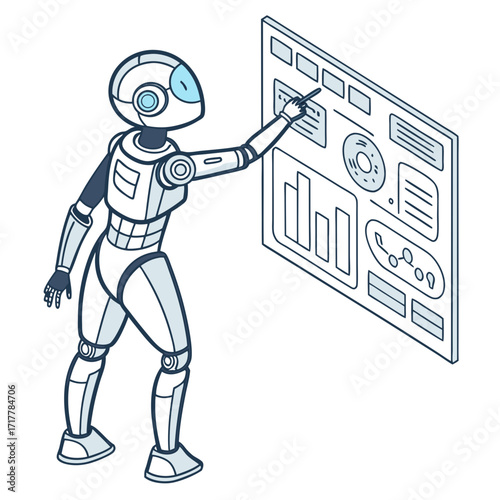 Futuristic robot interacting with a digital interface displaying charts and data analytics on a screen