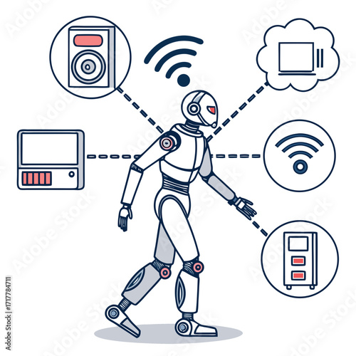Futuristic robot connected to various smart devices and technologies via wireless network signals