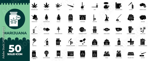 Marijuana Solid Editable Icons set. Vector illustration in modern thin solid style of marijuana icons: ganja, cannabis, drug etc