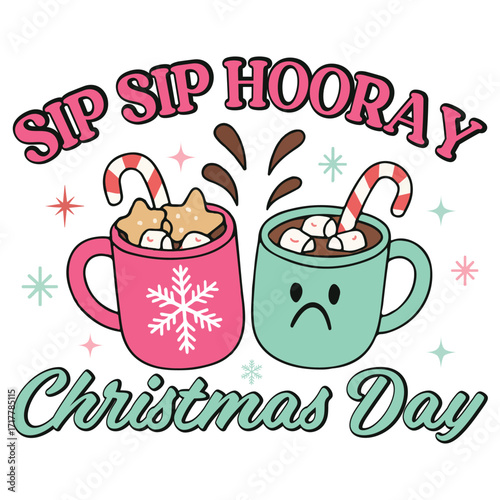 Sip Sip Hooray Christmas Day - trendy pink graphic t-shirt, pinkmas seasonal santa sublimation, retro pink christmas shirt 
