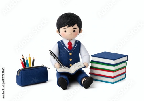 A felt doll of a boy in a school uniform studying with books and a pencil case