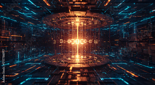 Abstract futuristic technology core with glowing lines and intricate circuit patterns design