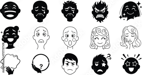 "Black and white vector illustration of sixteen diverse cartoon facial expressions showing various emotions, moods, reactions, and character personality traits"