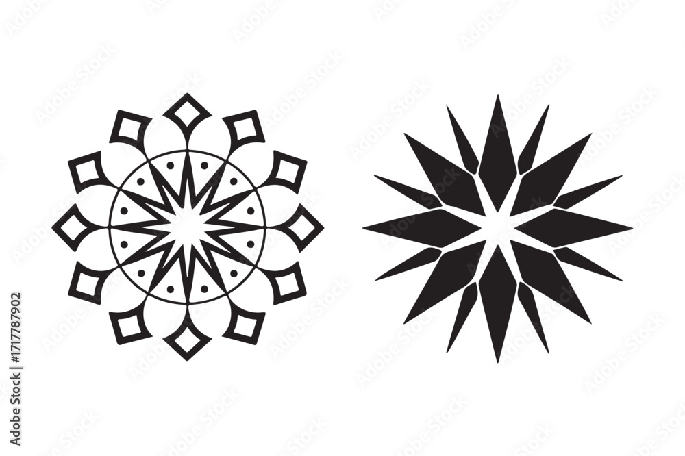 Obraz premium Two black geometric starburst ornaments on white background
