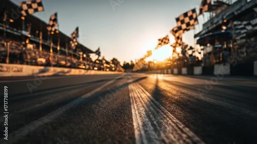 Low-angle view of a race track at sunset, with the starting line in the foreground and checkered flags along the pit lanes.