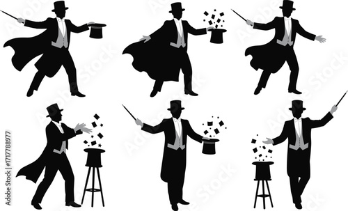 Magician Silhouettes, Performing Magical Tricks with a Wand and Top Hat, Showcasing Illusion, Mystery, and Stage Entertainment.