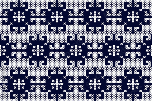 Seamless cross-stitch pattern on a white background, arranged in horizontal rows. Features continuous navy blue geometric motifs in a traditional style, creating an orderly feel.