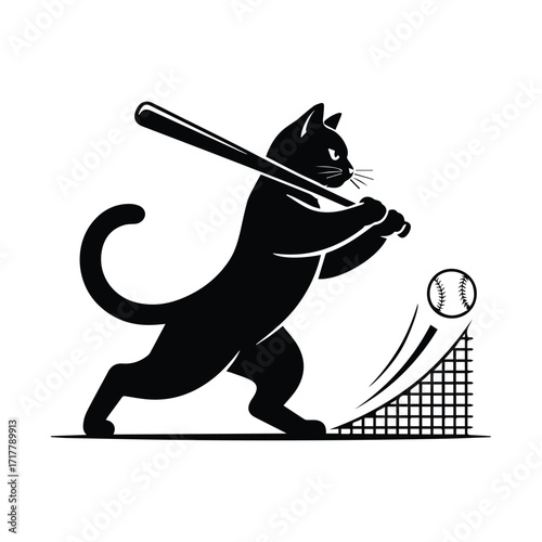 Black cat swinging a baseball bat at a baseball silhouette