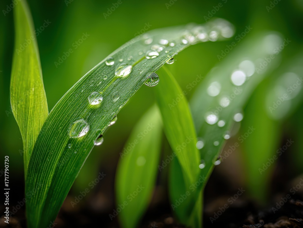 Naklejka premium Fresh Green Shoots with Water Droplets: A Symbol of New Life and Renewal
