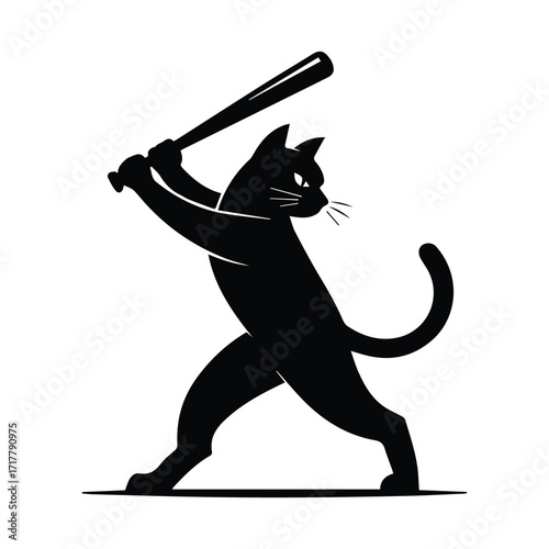 Black cat in silhouette swinging a baseball bat with determination silhouette