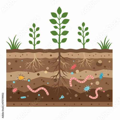 Detailed Cross Section of Soil with Roots and Earthworms