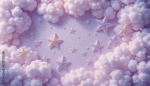 Dreamy clouds and twinkling stars fantasy landscape soft pastel colors ethereal environment aerial view whimsical concept