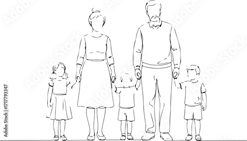 Minimal line art grandparents standing with grandchildren