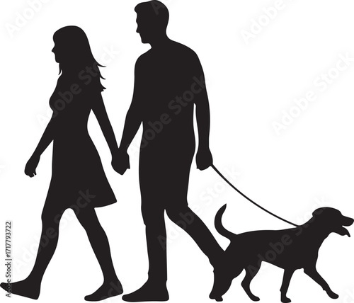 Solid silhouette couple walking with dog hand in hand