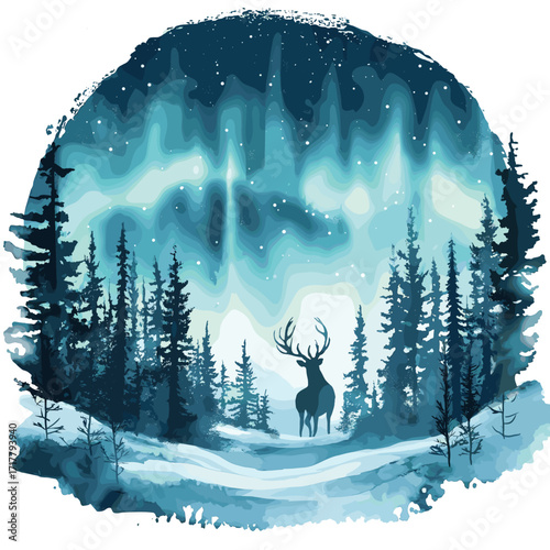 Northern Lights in Lapland. Northern Lights in Lapland watercolor vector illustration