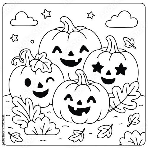 A black and white coloring page of pumpkins with faces under clouds and stars design