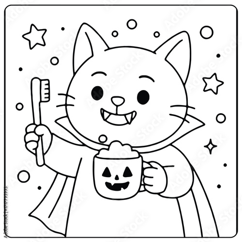A cartoon cat dressed as a vampire holding a toothbrush and a halloween themed mug outline