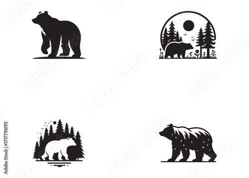 silhouettes bear logo vector illustration, grizzly bear logo icon silhouettes, bear silhouette logo vector animals, black bear wild animal silhouettes on the white background
