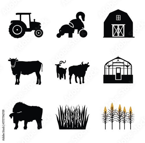 Farm icons tractor barn cow greenhouse sheep grass wheat