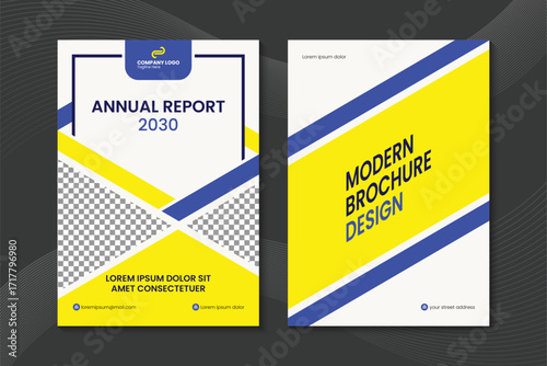Two brochure templates in yellow and blue geometric design. Great for modern business, event promotion, or educational materials. Suitable for various marketing purposes.
