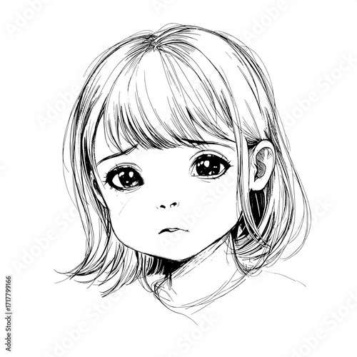Girl portrait sad face emotional outline illustration